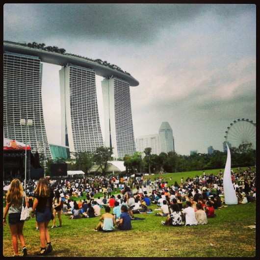 Sunny afternoon set at Laneway Festival 2014. The Jezabeles play the Roscoe Stage overlooked by MBS & the Singapore Flyer