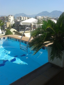 The view from the Mondial Hotel rooftop pool. Maybe not what you'd expect from the Albanian capital?